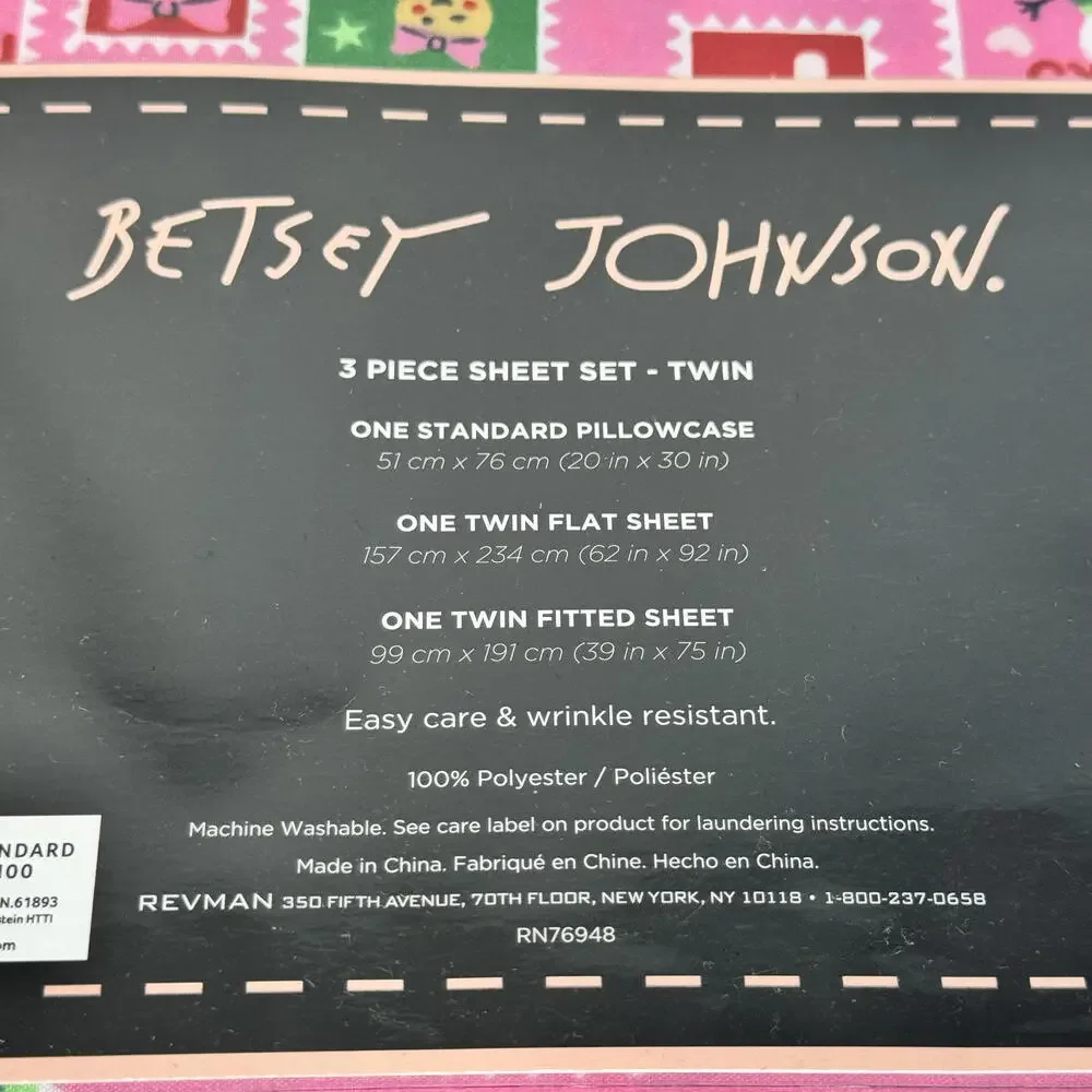 Betsey Johnson Christmas 3 Piece Twin Sheet‎ Set Pink Holiday Stamps